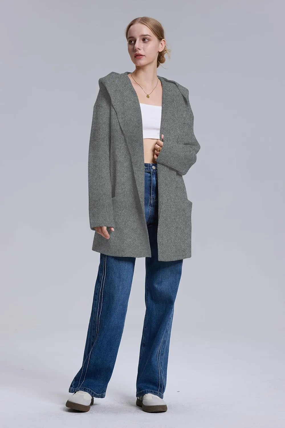 Cakulo Womens Long Hooded Cardigan Sweaters 2024 Oversized Cardigans Open Front Fall Knit Sweater Coat with Pockets