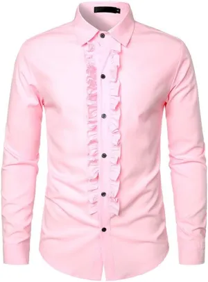 Cambkatl Men's Ruffle Dress Shirts Slim Fit Long Sleeve Stretch Button Down Tuxedo Shirts for Prom Party Wedding