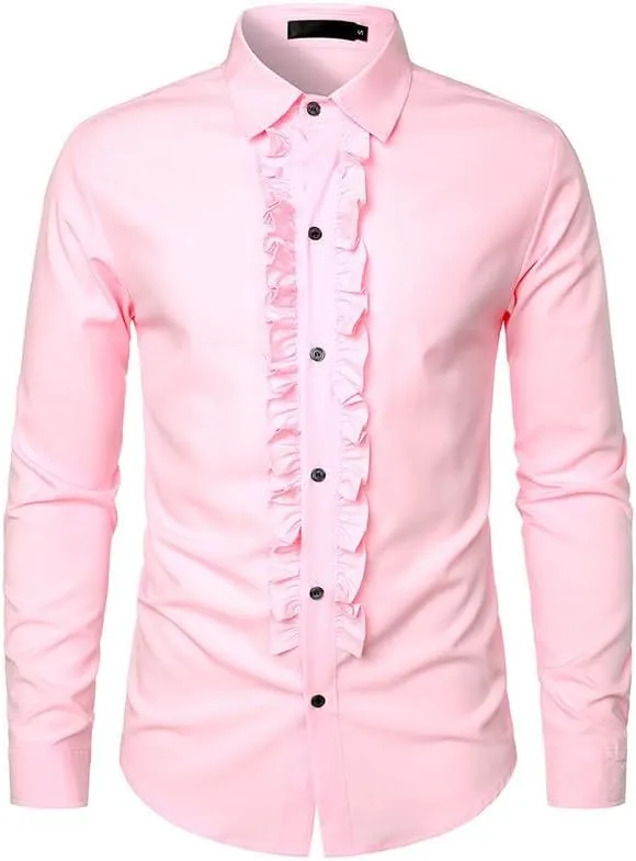 Cambkatl Men's Ruffle Dress Shirts Slim Fit Long Sleeve Stretch Button Down Tuxedo Shirts for Prom Party Wedding