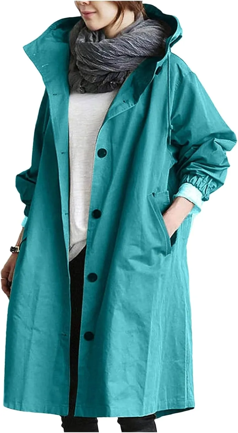 Canbebig Womens Trench Coats Plus Size Long Jacket Casual Hooded Windbreaker Loose Waterproof Jacket with Pocket Fall Clothes