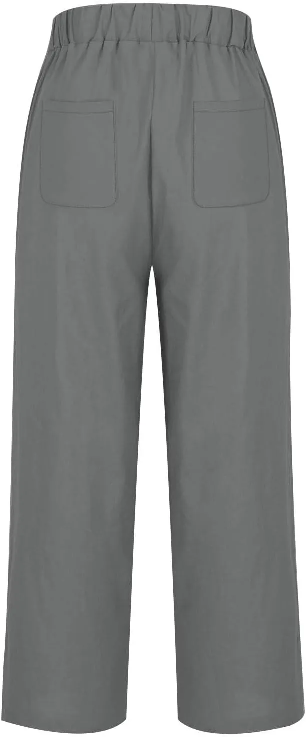 Capri Pants for Women Cotton Linen Casual Summer Straight Leg Cropped Lounge Pants High Waisted Beach Trousers