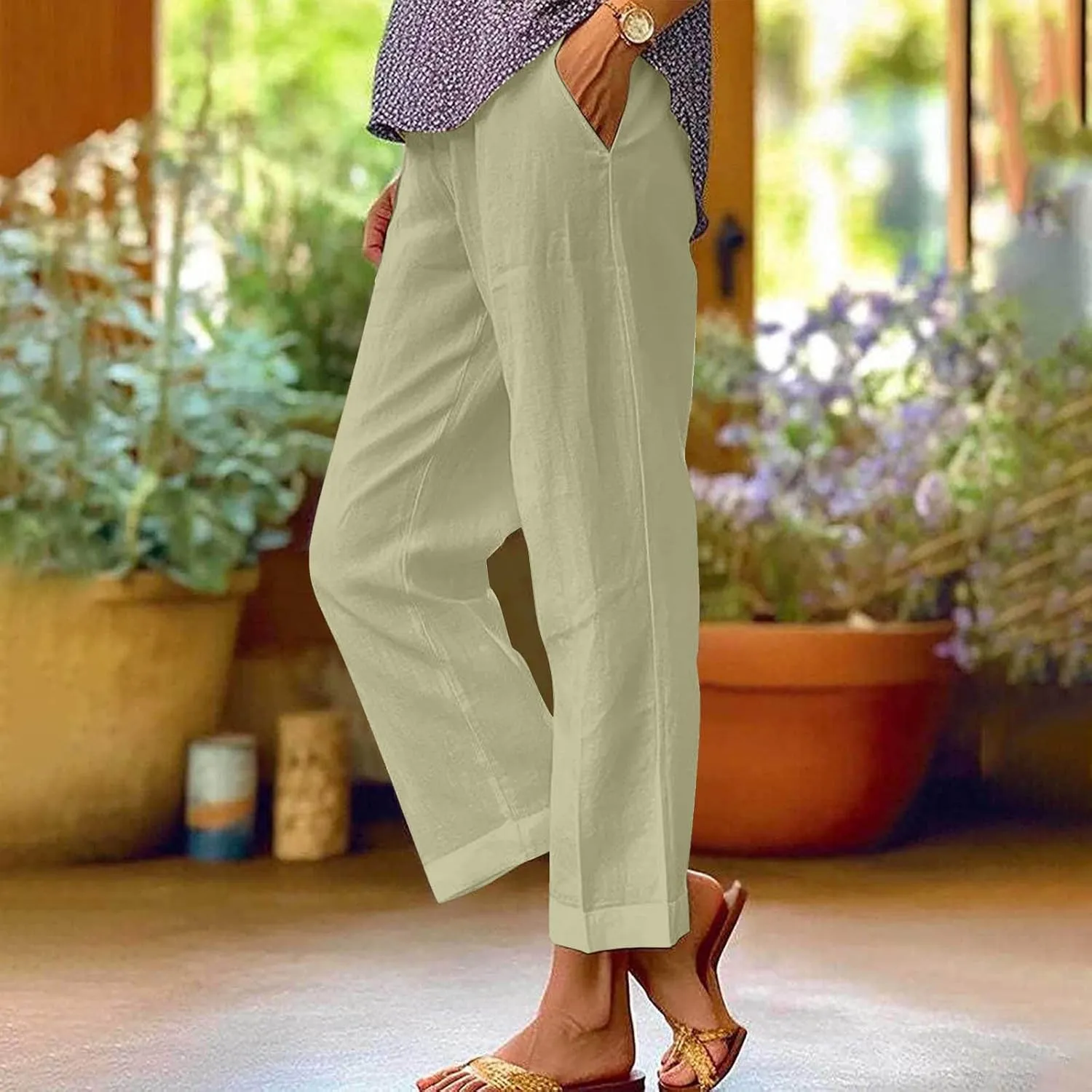Capri Pants for Women Cotton Linen Casual Summer Straight Leg Cropped Lounge Pants High Waisted Beach Trousers