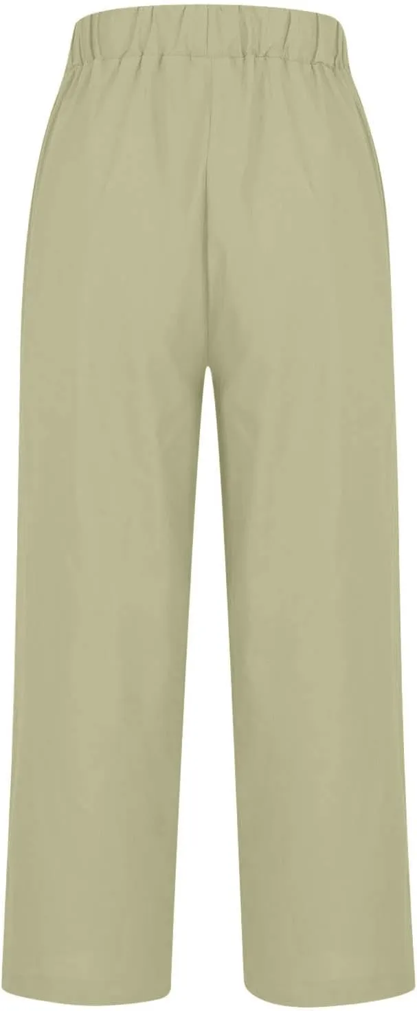 Capri Pants for Women Cotton Linen Casual Summer Straight Leg Cropped Lounge Pants High Waisted Beach Trousers