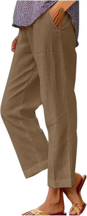 Capri Pants for Women Cotton Linen Casual Summer Straight Leg Cropped Lounge Pants High Waisted Beach Trousers