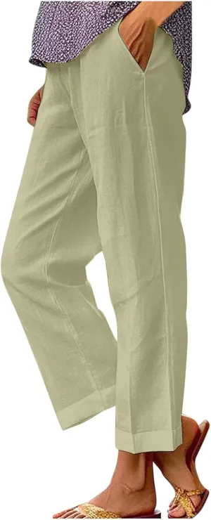 Capri Pants for Women Cotton Linen Casual Summer Straight Leg Cropped Lounge Pants High Waisted Beach Trousers