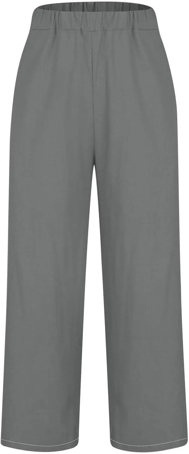 Capri Pants for Women Cotton Linen Casual Summer Straight Leg Cropped Lounge Pants High Waisted Beach Trousers