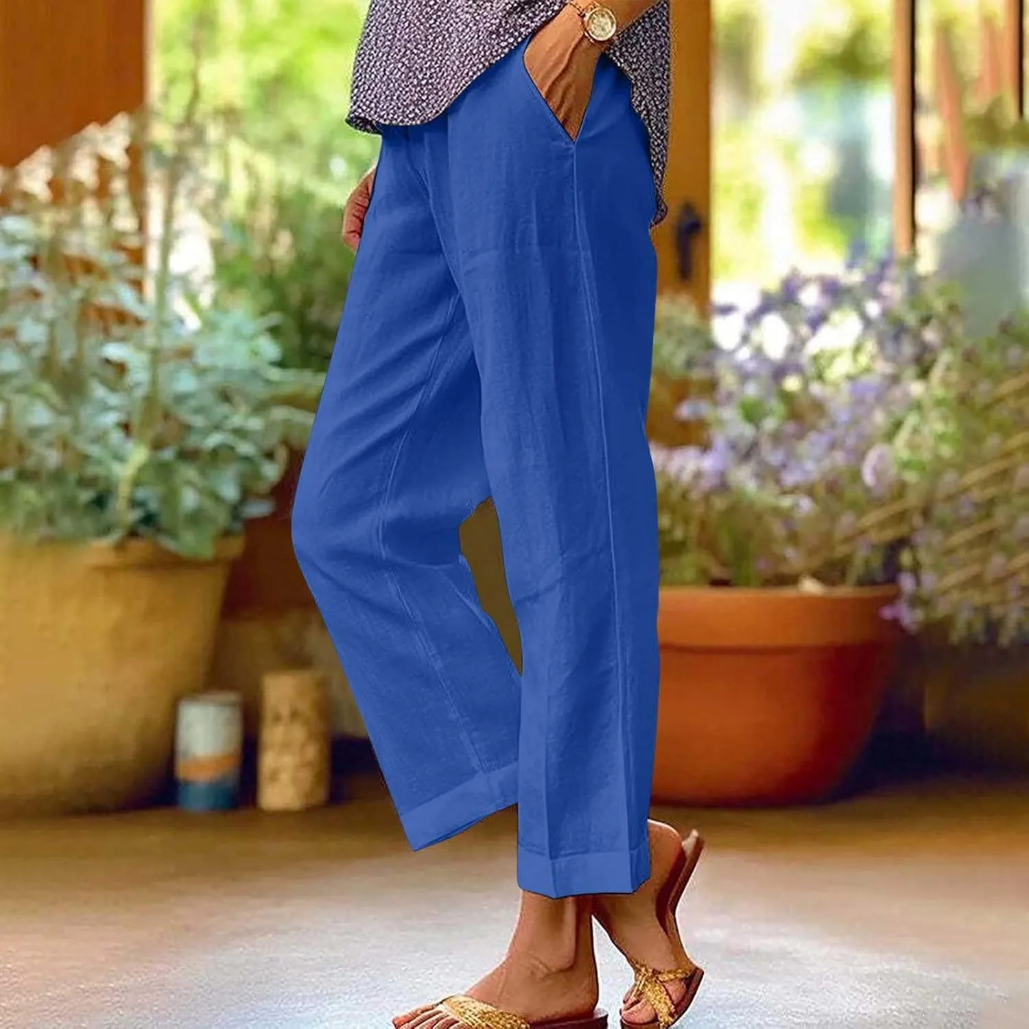 Capri Pants for Women Cotton Linen Casual Summer Straight Leg Cropped Lounge Pants High Waisted Beach Trousers