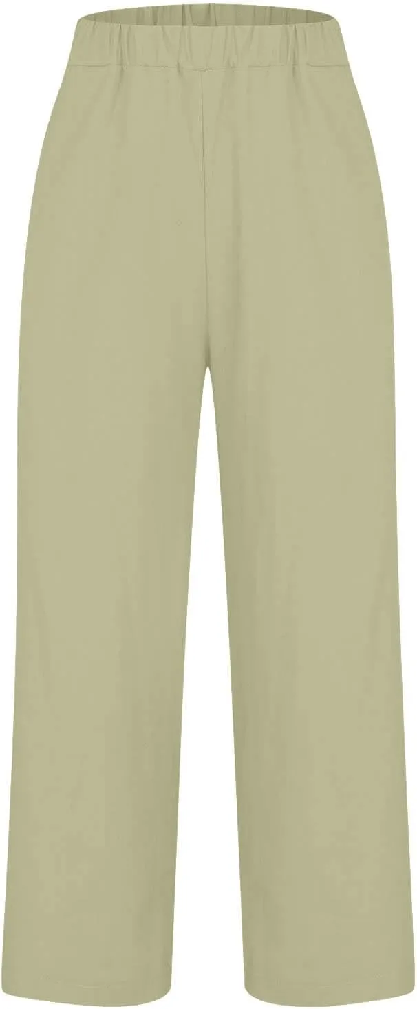 Capri Pants for Women Cotton Linen Casual Summer Straight Leg Cropped Lounge Pants High Waisted Beach Trousers