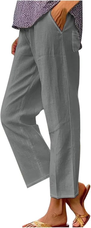 Capri Pants for Women Cotton Linen Casual Summer Straight Leg Cropped Lounge Pants High Waisted Beach Trousers