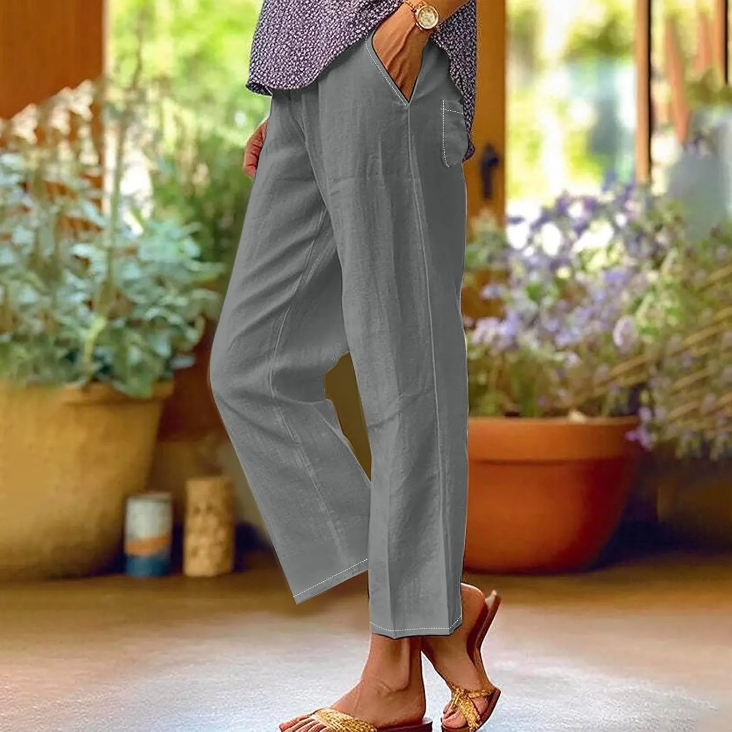 Capri Pants for Women Cotton Linen Casual Summer Straight Leg Cropped Lounge Pants High Waisted Beach Trousers