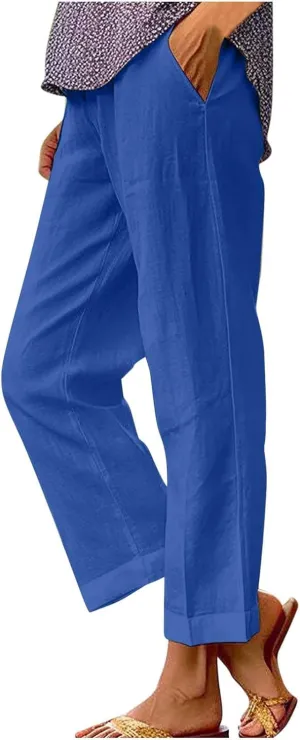 Capri Pants for Women Cotton Linen Casual Summer Straight Leg Cropped Lounge Pants High Waisted Beach Trousers