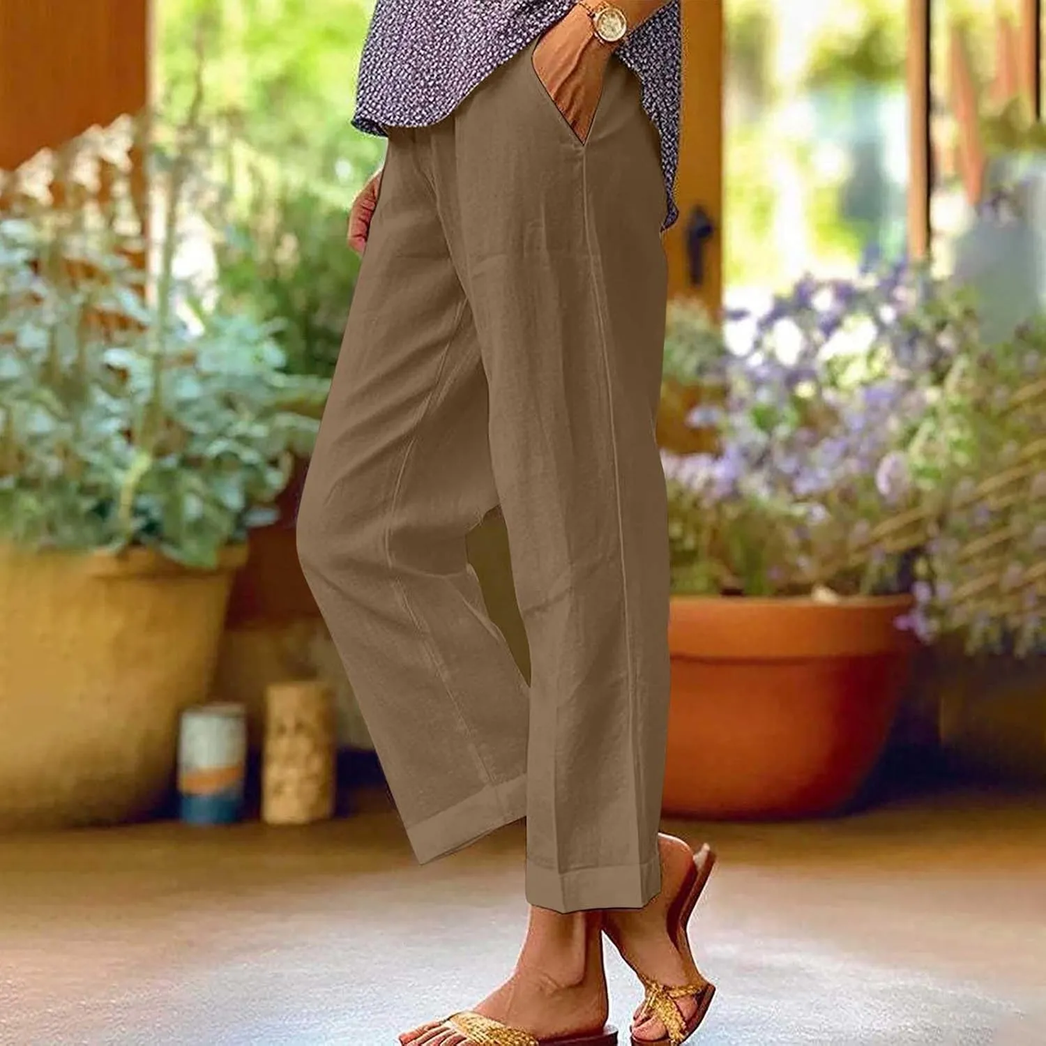 Capri Pants for Women Cotton Linen Casual Summer Straight Leg Cropped Lounge Pants High Waisted Beach Trousers
