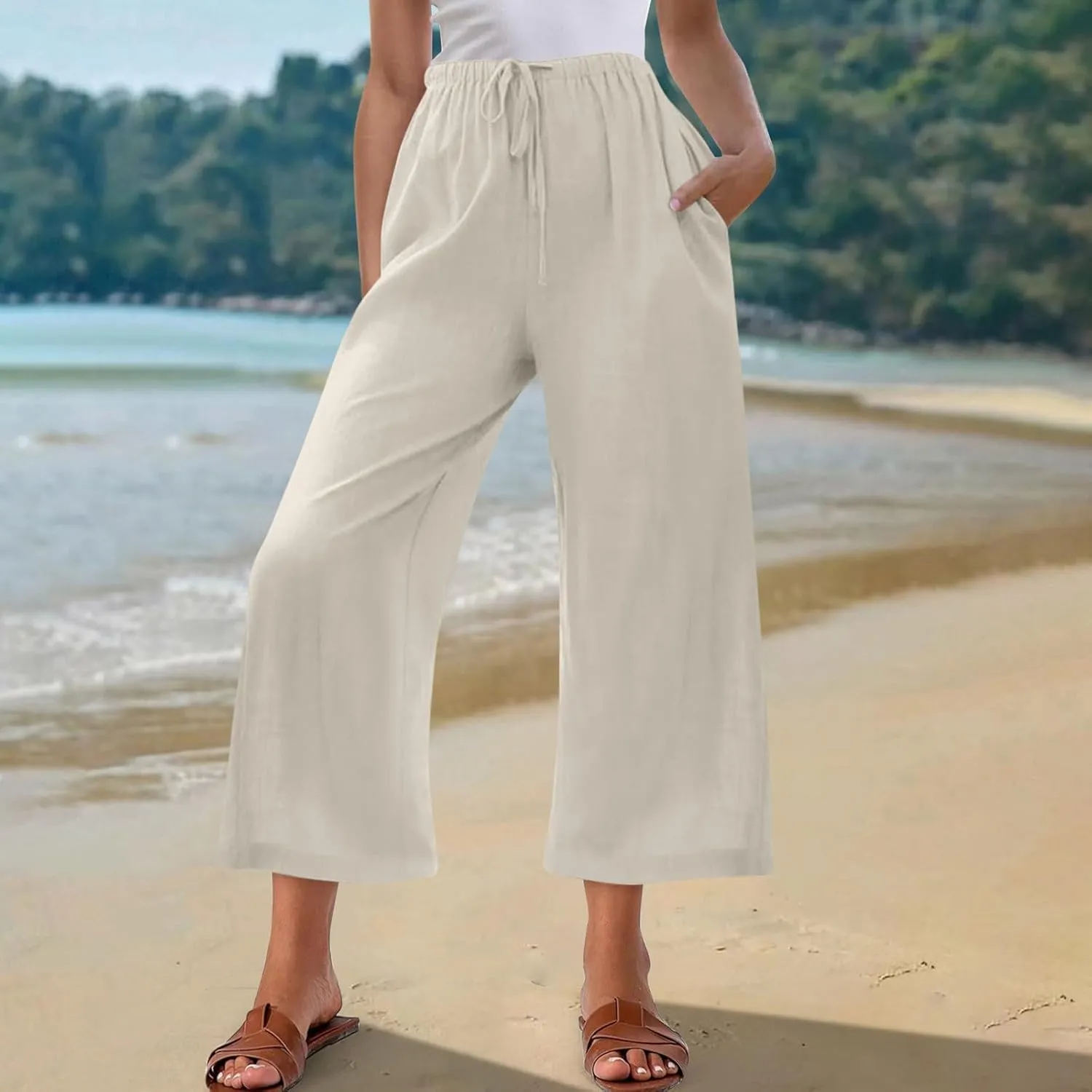 Capri Pants for Women High Waisted Wide Leg Linen Palazzo Trousers Summer Elastic Smock Waist Loose Flowy Pants