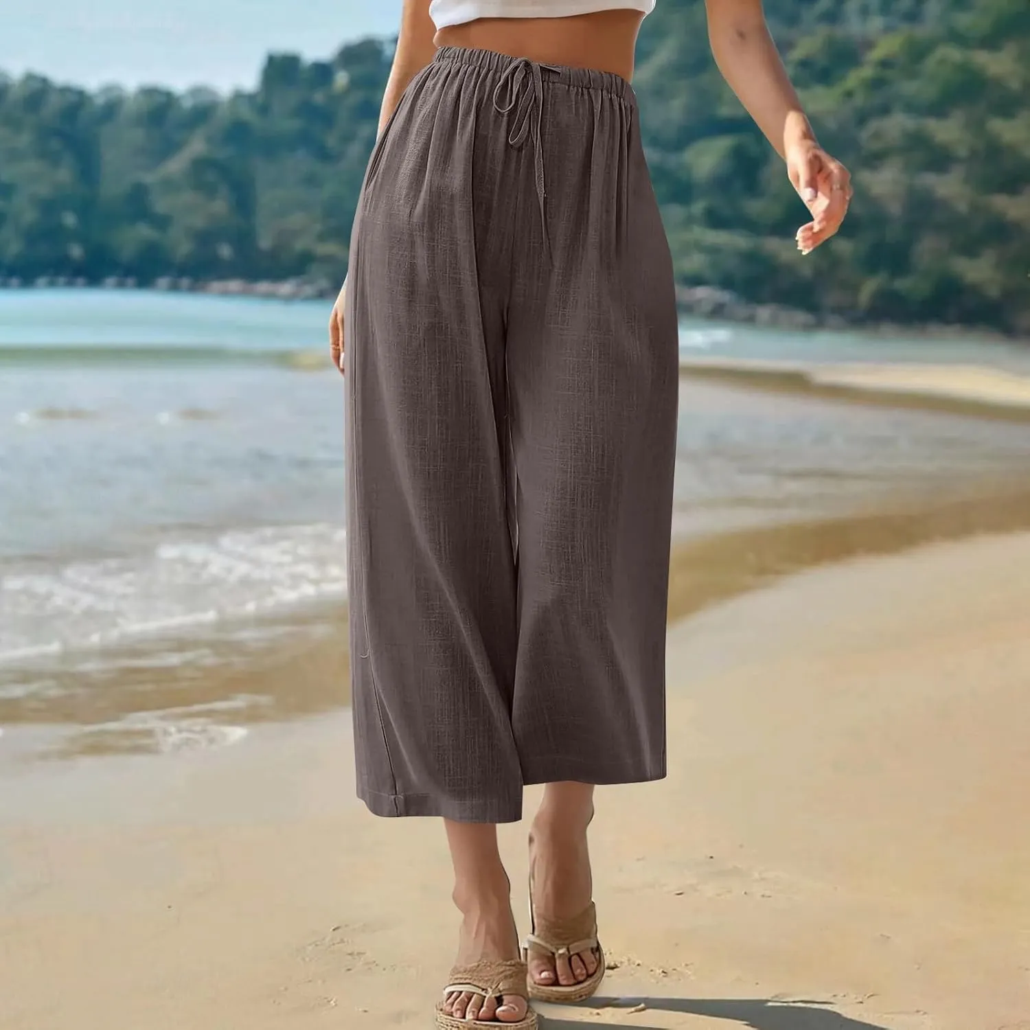 Capri Pants for Women High Waisted Wide Leg Linen Palazzo Trousers Summer Elastic Smock Waist Loose Flowy Pants