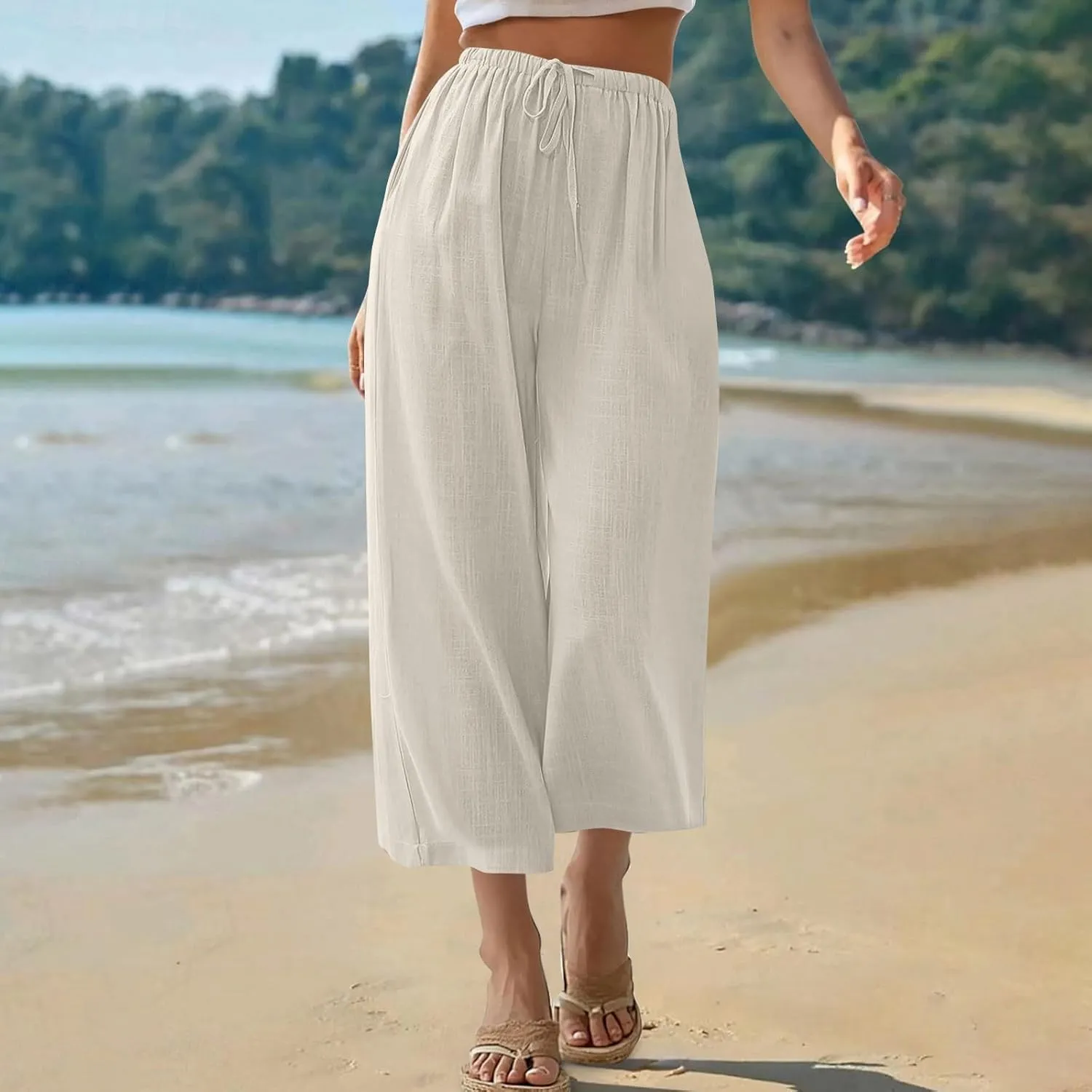 Capri Pants for Women High Waisted Wide Leg Linen Palazzo Trousers Summer Elastic Smock Waist Loose Flowy Pants
