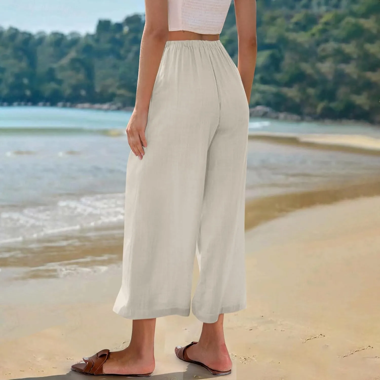 Capri Pants for Women High Waisted Wide Leg Linen Palazzo Trousers Summer Elastic Smock Waist Loose Flowy Pants