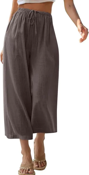 Capri Pants for Women High Waisted Wide Leg Linen Palazzo Trousers Summer Elastic Smock Waist Loose Flowy Pants