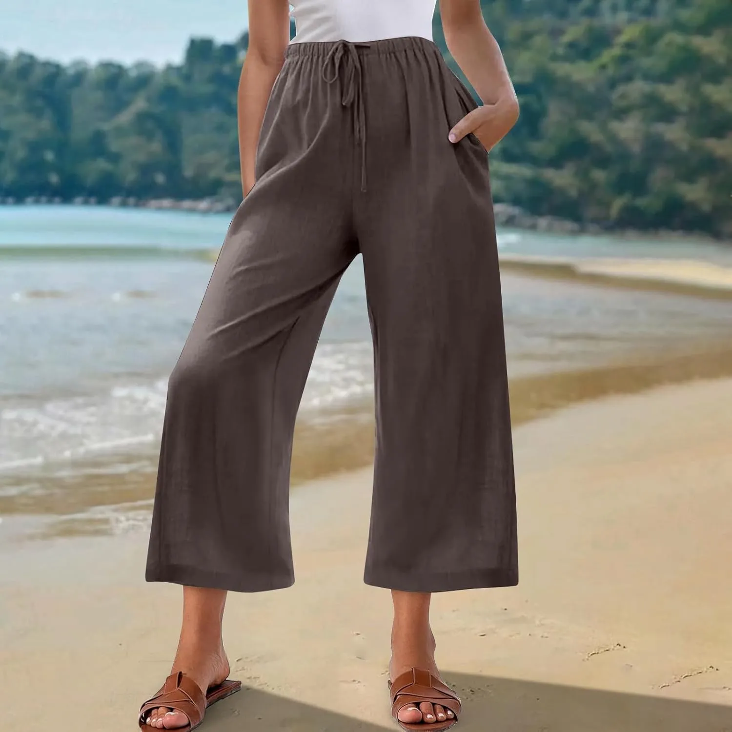 Capri Pants for Women High Waisted Wide Leg Linen Palazzo Trousers Summer Elastic Smock Waist Loose Flowy Pants