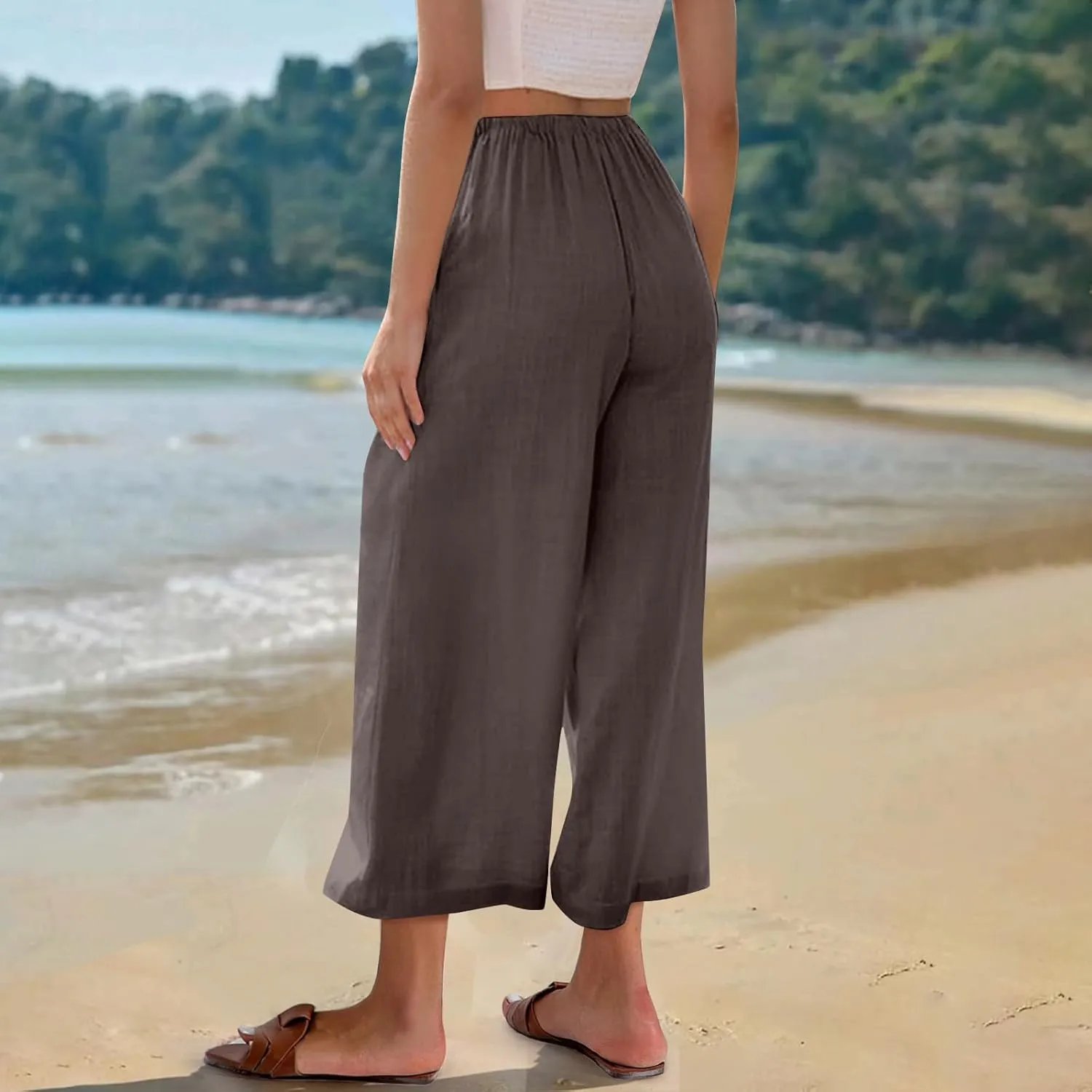 Capri Pants for Women High Waisted Wide Leg Linen Palazzo Trousers Summer Elastic Smock Waist Loose Flowy Pants