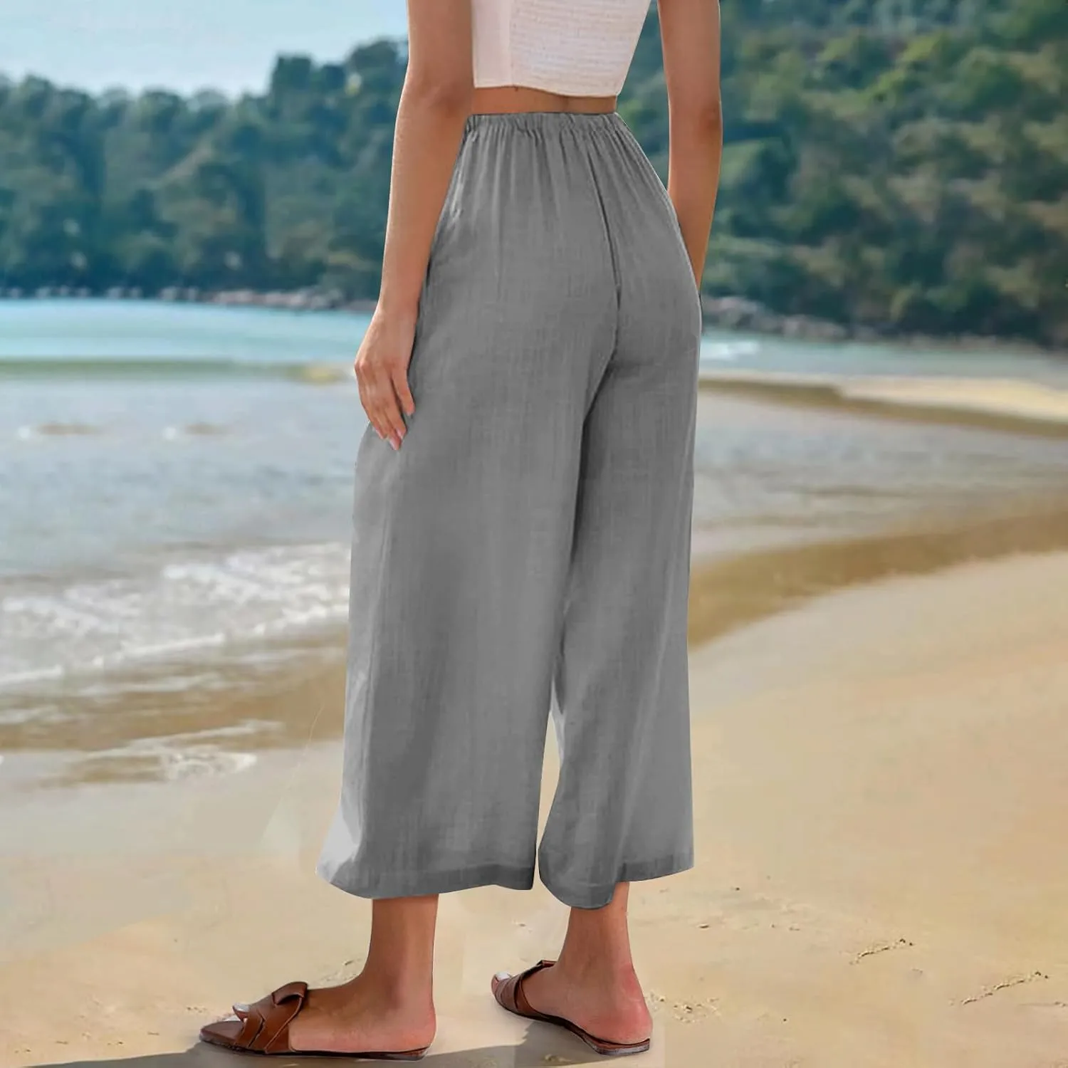 Capri Pants for Women High Waisted Wide Leg Linen Palazzo Trousers Summer Elastic Smock Waist Loose Flowy Pants