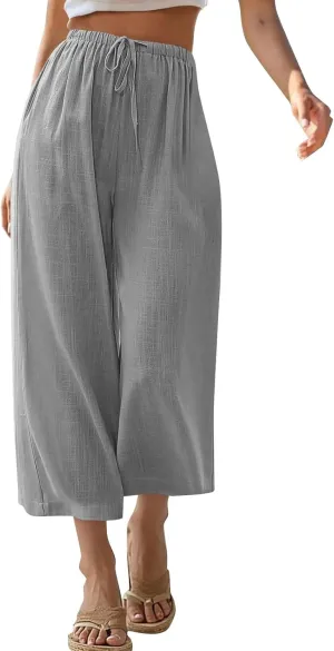 Capri Pants for Women High Waisted Wide Leg Linen Palazzo Trousers Summer Elastic Smock Waist Loose Flowy Pants