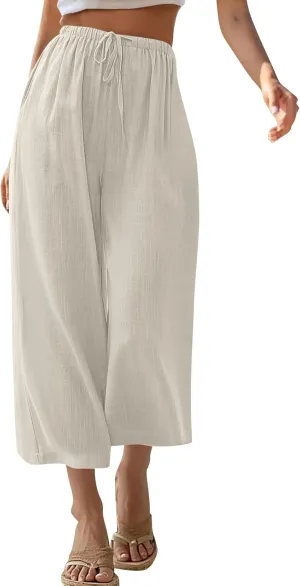 Capri Pants for Women High Waisted Wide Leg Linen Palazzo Trousers Summer Elastic Smock Waist Loose Flowy Pants