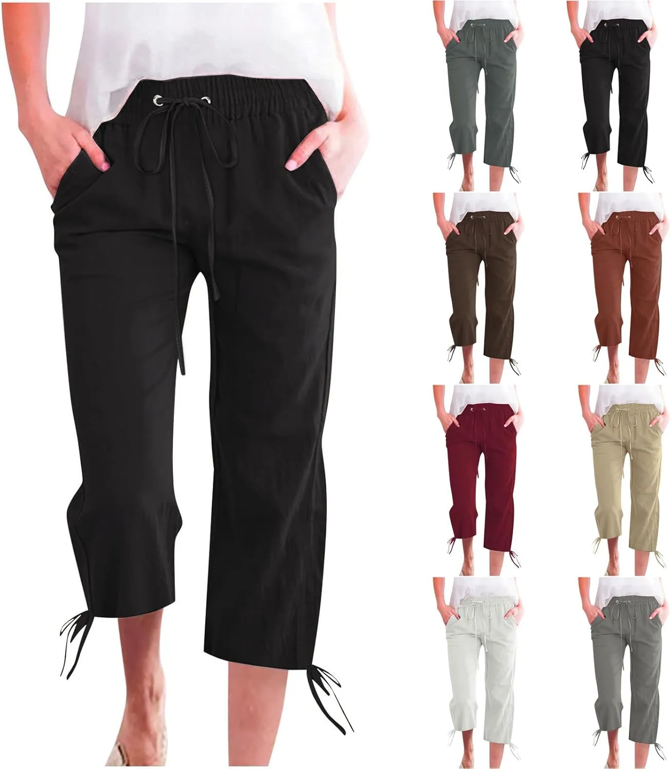 Capris Pants for Women Cotton Linen Summer Casual Drawstring Straight Wide Leg Loose Elastic Waist Cropped Trouser