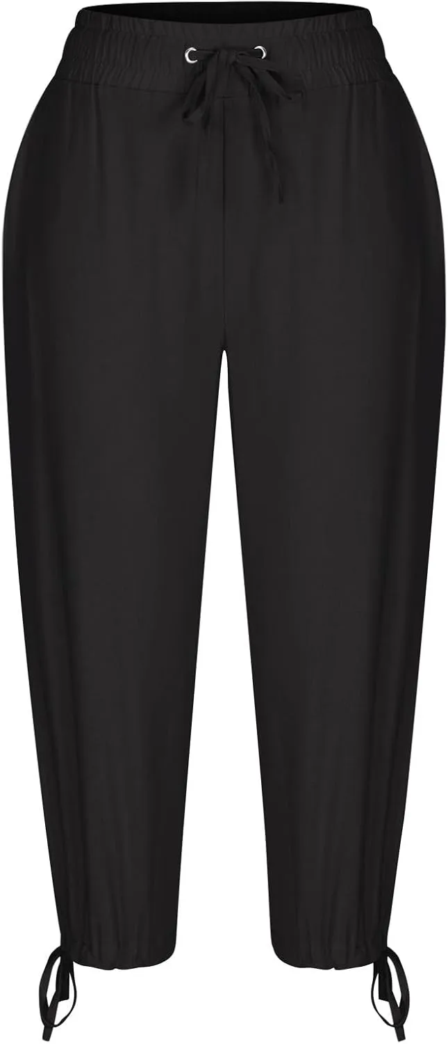 Capris Pants for Women Cotton Linen Summer Casual Drawstring Straight Wide Leg Loose Elastic Waist Cropped Trouser