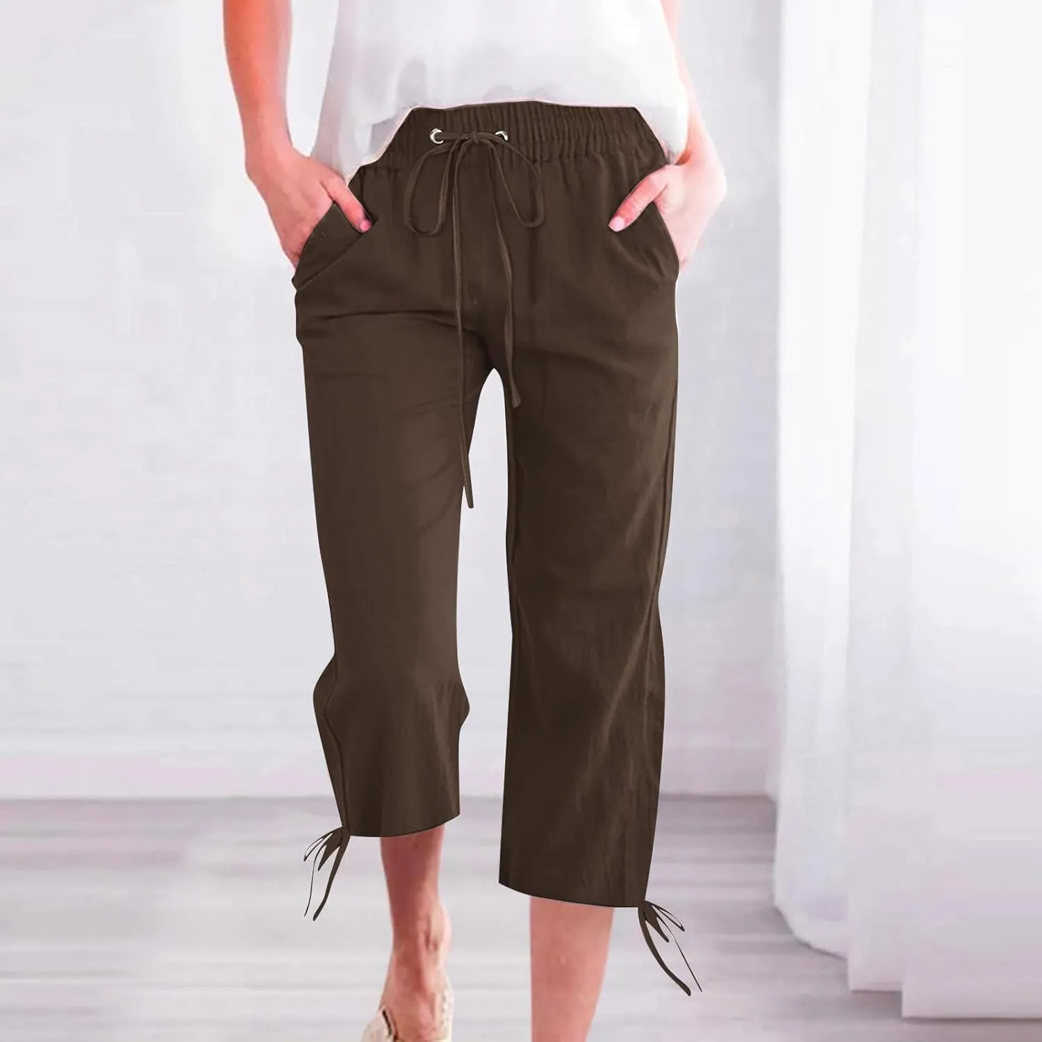 Capris Pants for Women Cotton Linen Summer Casual Drawstring Straight Wide Leg Loose Elastic Waist Cropped Trouser