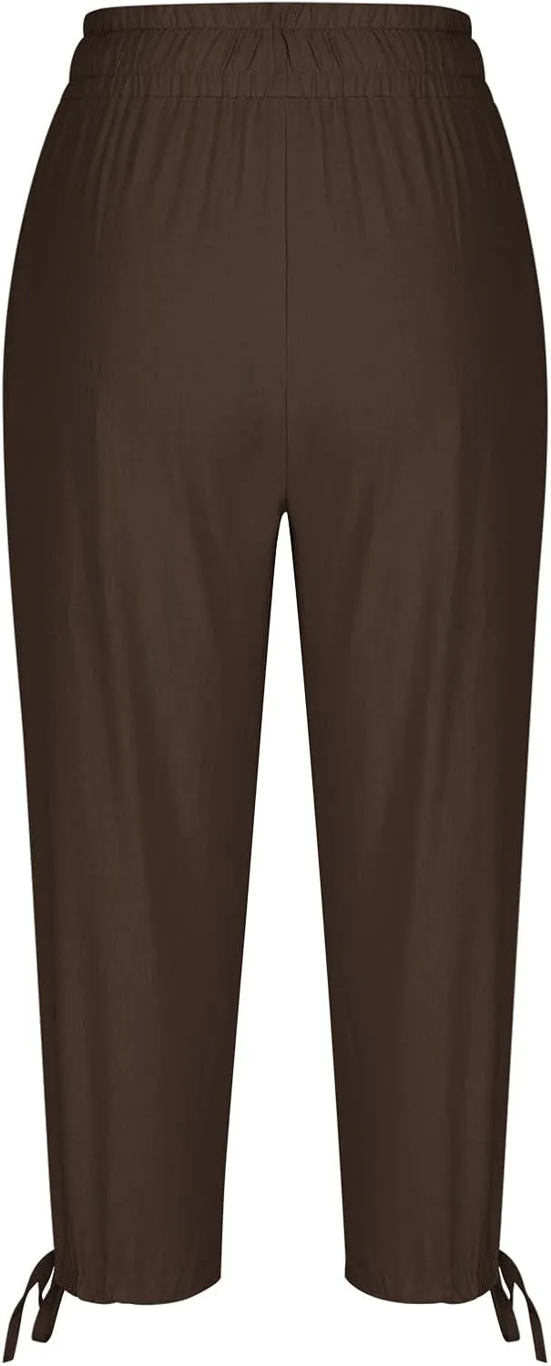 Capris Pants for Women Cotton Linen Summer Casual Drawstring Straight Wide Leg Loose Elastic Waist Cropped Trouser
