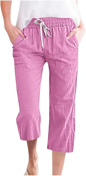 Capris Pants for Women Cotton Linen Summer Casual Drawstring Straight Wide Leg Loose Elastic Waist Cropped Trouser