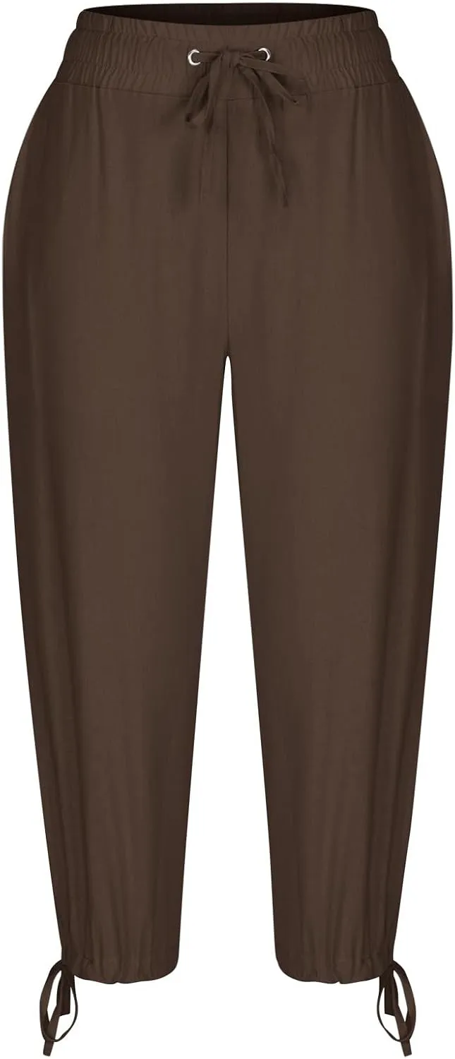 Capris Pants for Women Cotton Linen Summer Casual Drawstring Straight Wide Leg Loose Elastic Waist Cropped Trouser