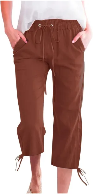 Capris Pants for Women Cotton Linen Summer Casual Drawstring Straight Wide Leg Loose Elastic Waist Cropped Trouser