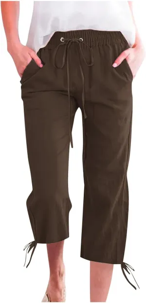Capris Pants for Women Cotton Linen Summer Casual Drawstring Straight Wide Leg Loose Elastic Waist Cropped Trouser