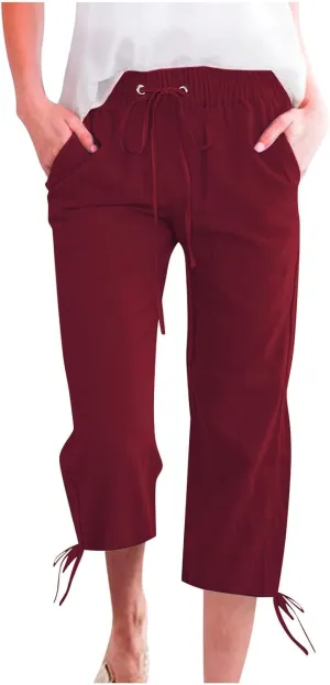 Capris Pants for Women Cotton Linen Summer Casual Drawstring Straight Wide Leg Loose Elastic Waist Cropped Trouser