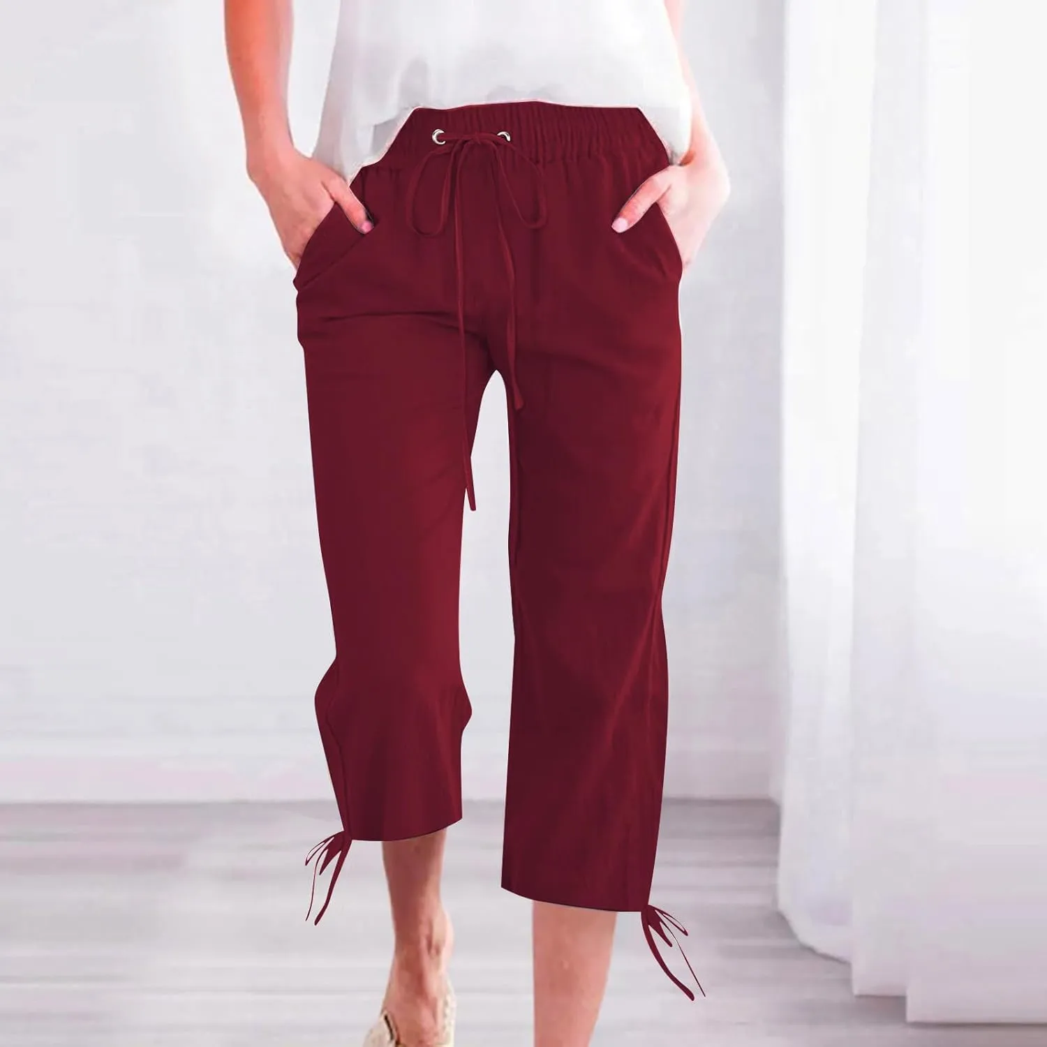 Capris Pants for Women Cotton Linen Summer Casual Drawstring Straight Wide Leg Loose Elastic Waist Cropped Trouser