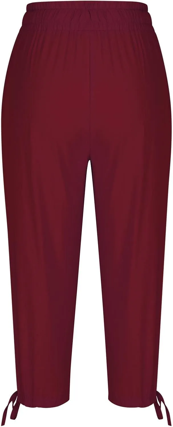 Capris Pants for Women Cotton Linen Summer Casual Drawstring Straight Wide Leg Loose Elastic Waist Cropped Trouser