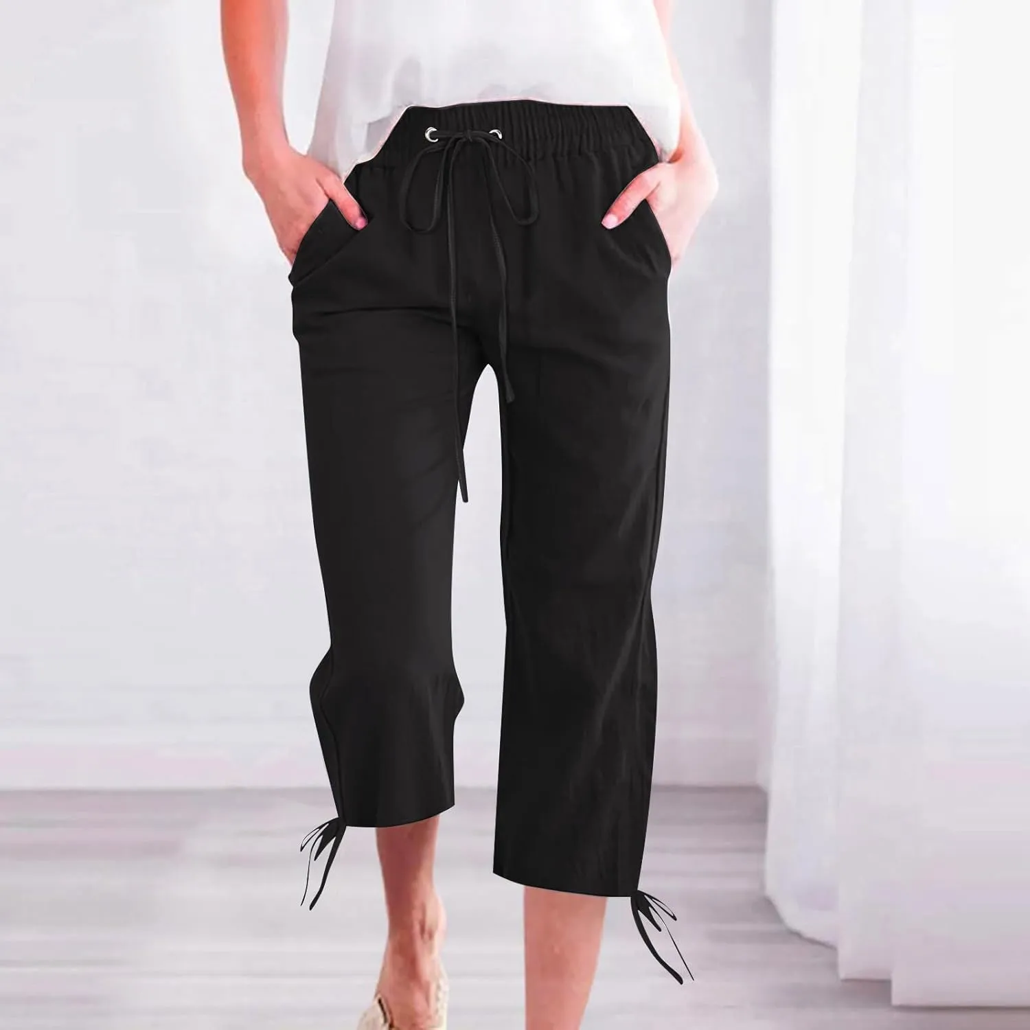 Capris Pants for Women Cotton Linen Summer Casual Drawstring Straight Wide Leg Loose Elastic Waist Cropped Trouser