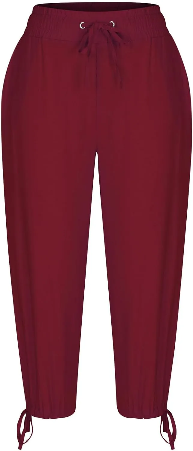 Capris Pants for Women Cotton Linen Summer Casual Drawstring Straight Wide Leg Loose Elastic Waist Cropped Trouser