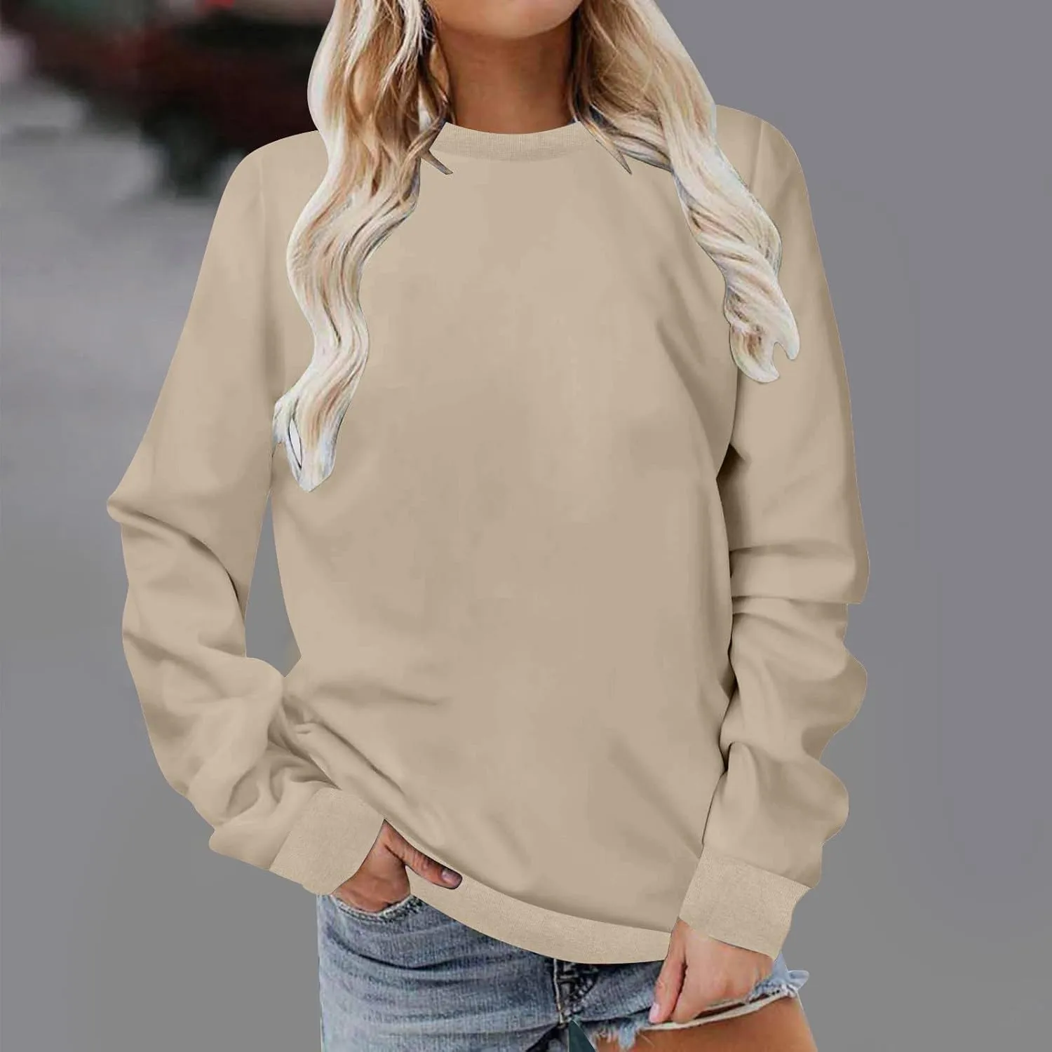 Casual Crewneck Sweatshirt for Women 2025 Spring Fall Tops Plain Color Long Sleeve Sweater Fuzzy Shirts