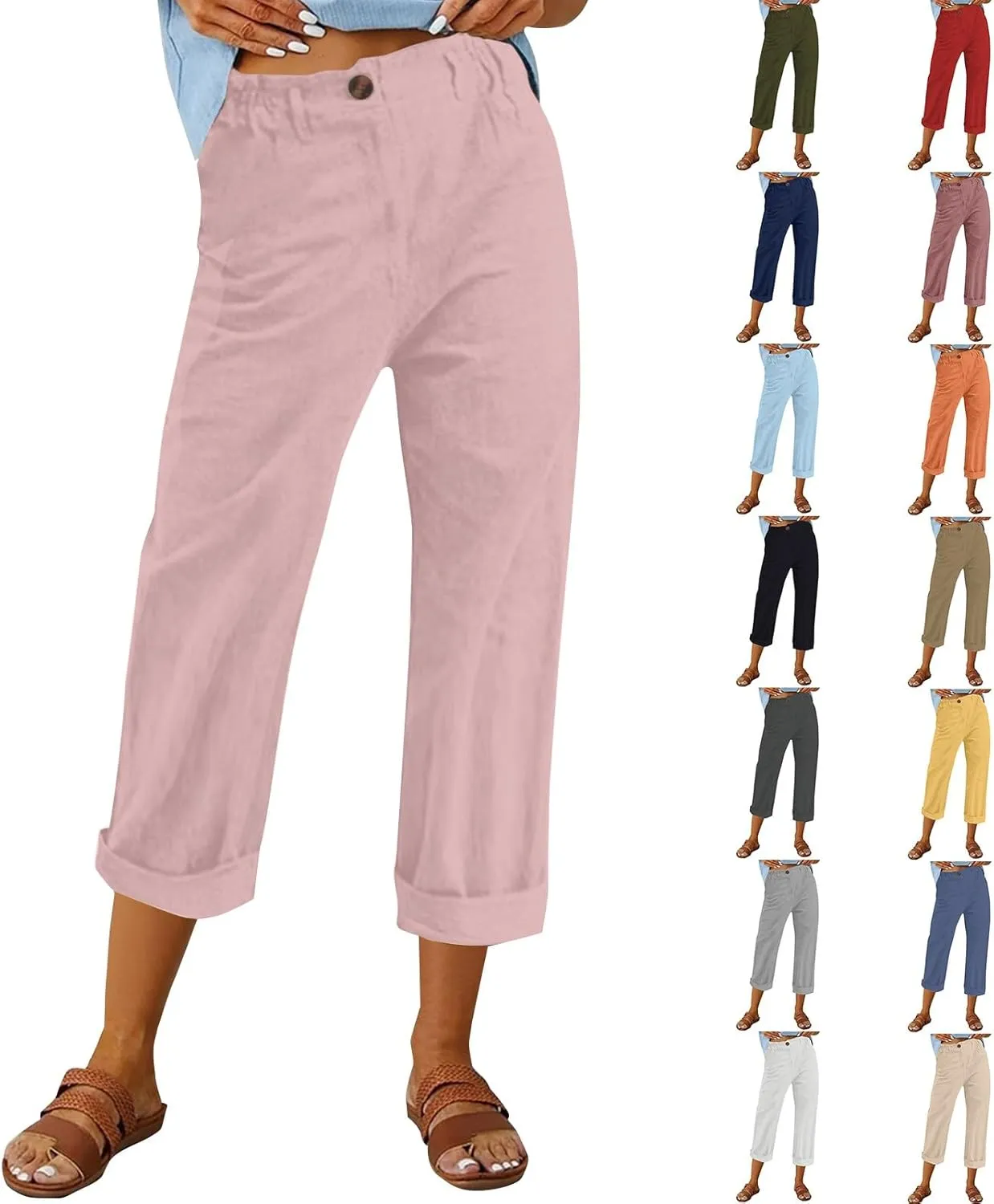 Casual Straight Leg Linen Pants for Women Lightweight Elastic Waist Lounge Pants Summer Beach Trousers with Pockets