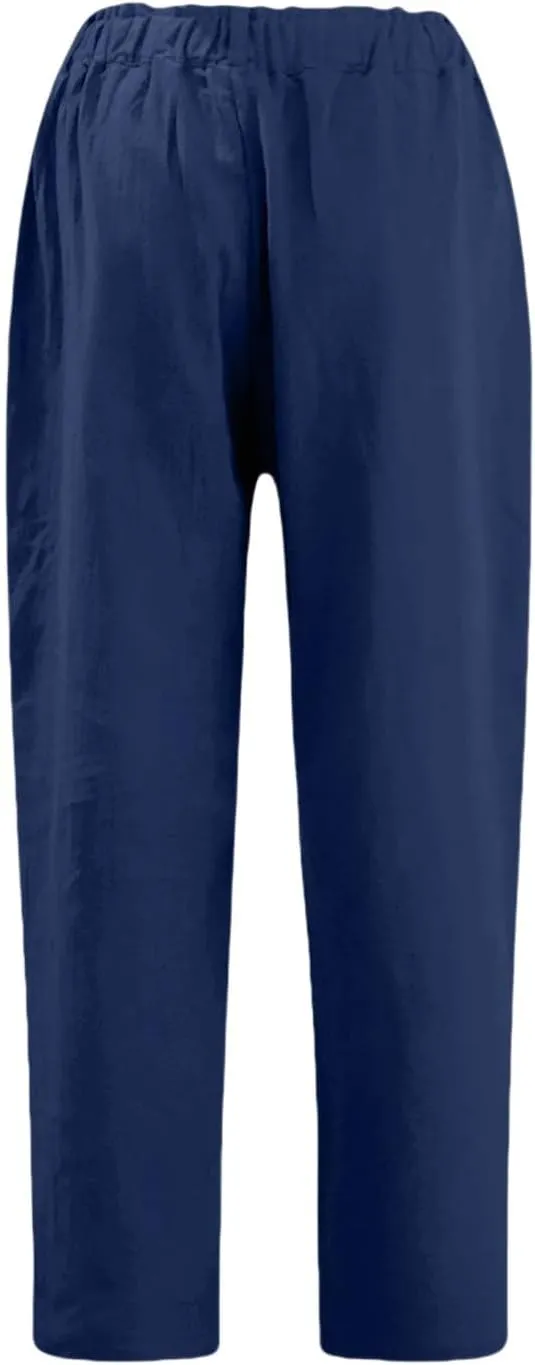 Casual Straight Leg Linen Pants for Women Lightweight Elastic Waist Lounge Pants Summer Beach Trousers with Pockets