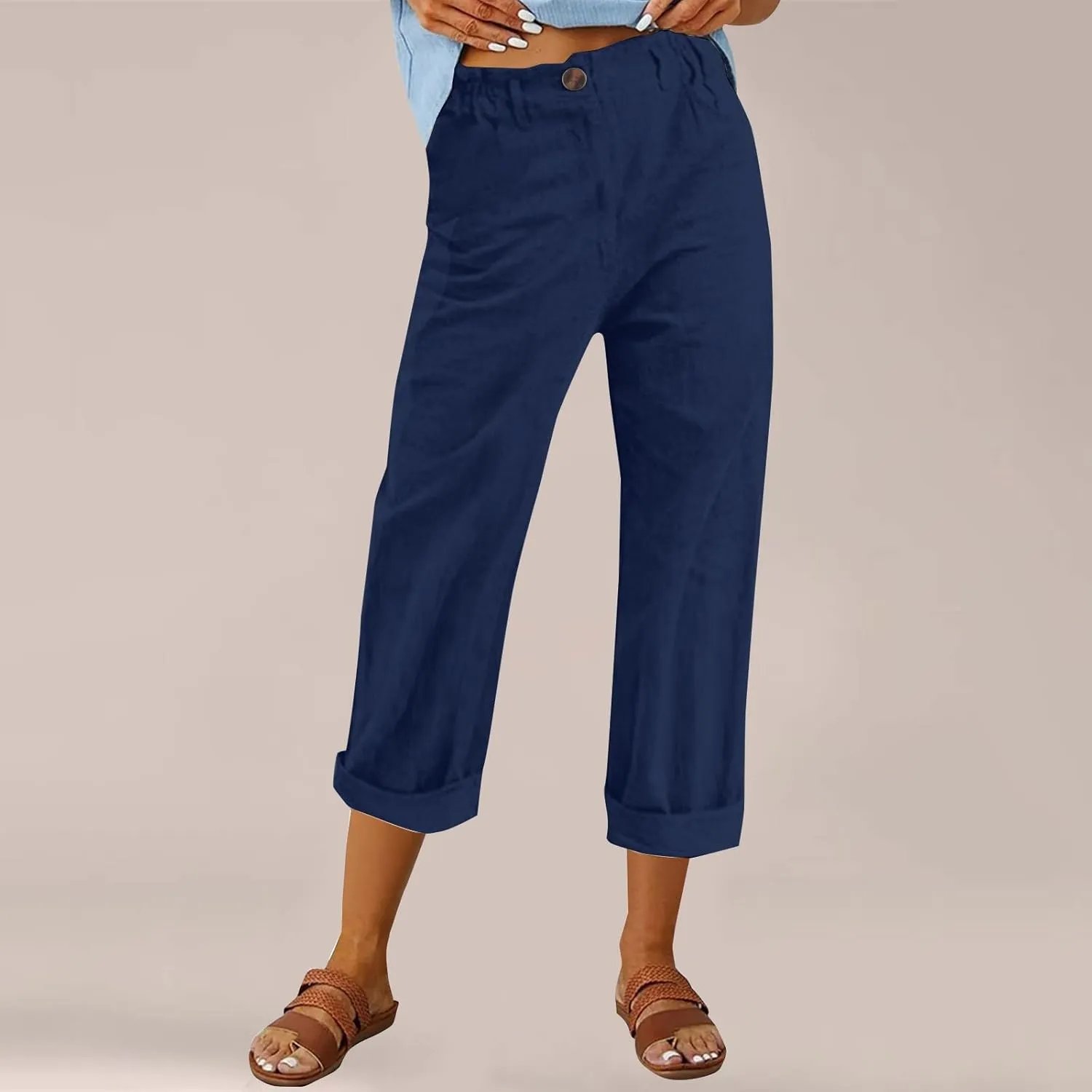 Casual Straight Leg Linen Pants for Women Lightweight Elastic Waist Lounge Pants Summer Beach Trousers with Pockets