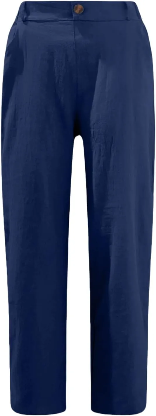 Casual Straight Leg Linen Pants for Women Lightweight Elastic Waist Lounge Pants Summer Beach Trousers with Pockets