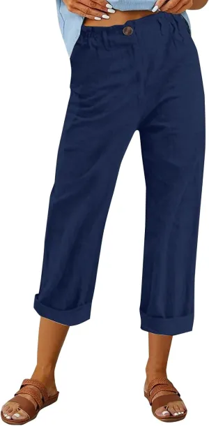 Casual Straight Leg Linen Pants for Women Lightweight Elastic Waist Lounge Pants Summer Beach Trousers with Pockets