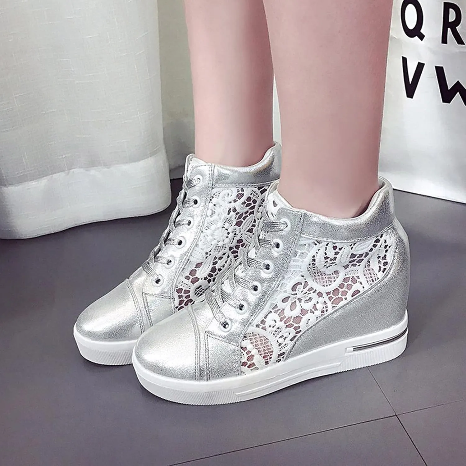 Cathalem High Heeld Wedge Sneakers for Women, Ladies Hidden Heel Sneakers Dressy Lace Up Shoes High Top Sneakers