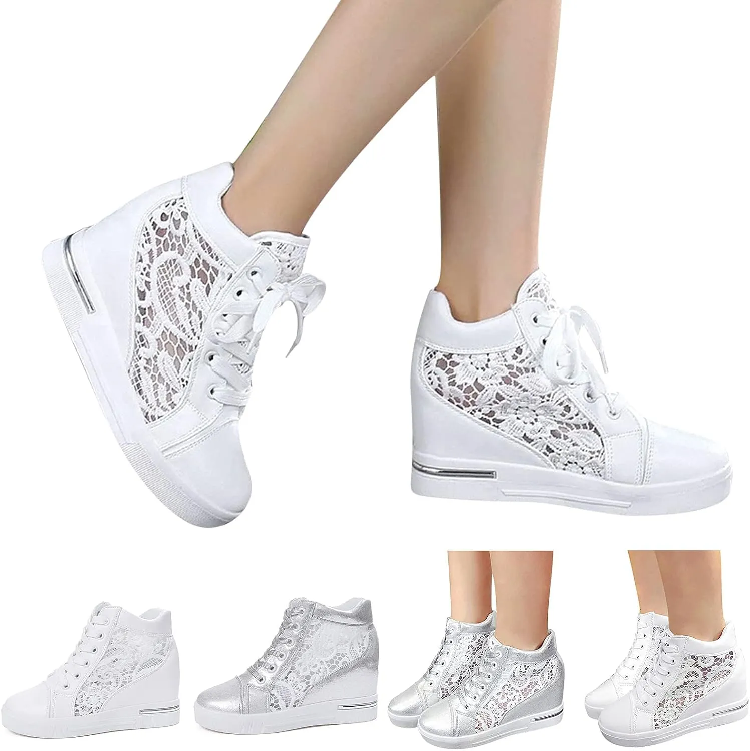 Cathalem High Heeld Wedge Sneakers for Women, Ladies Hidden Heel Sneakers Dressy Lace Up Shoes High Top Sneakers
