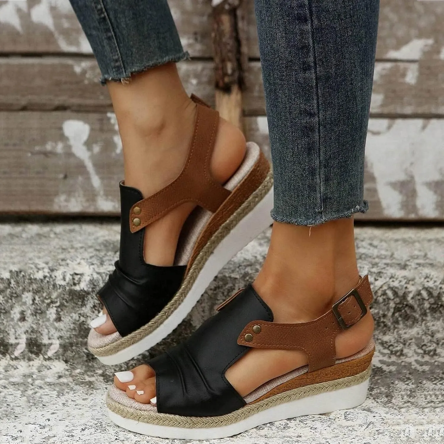 Cathalem Orthopedic Platform Wedge Sandals for Women Summer Dressy Flat Open Toe Slip on Sandals Outdoor Shoes