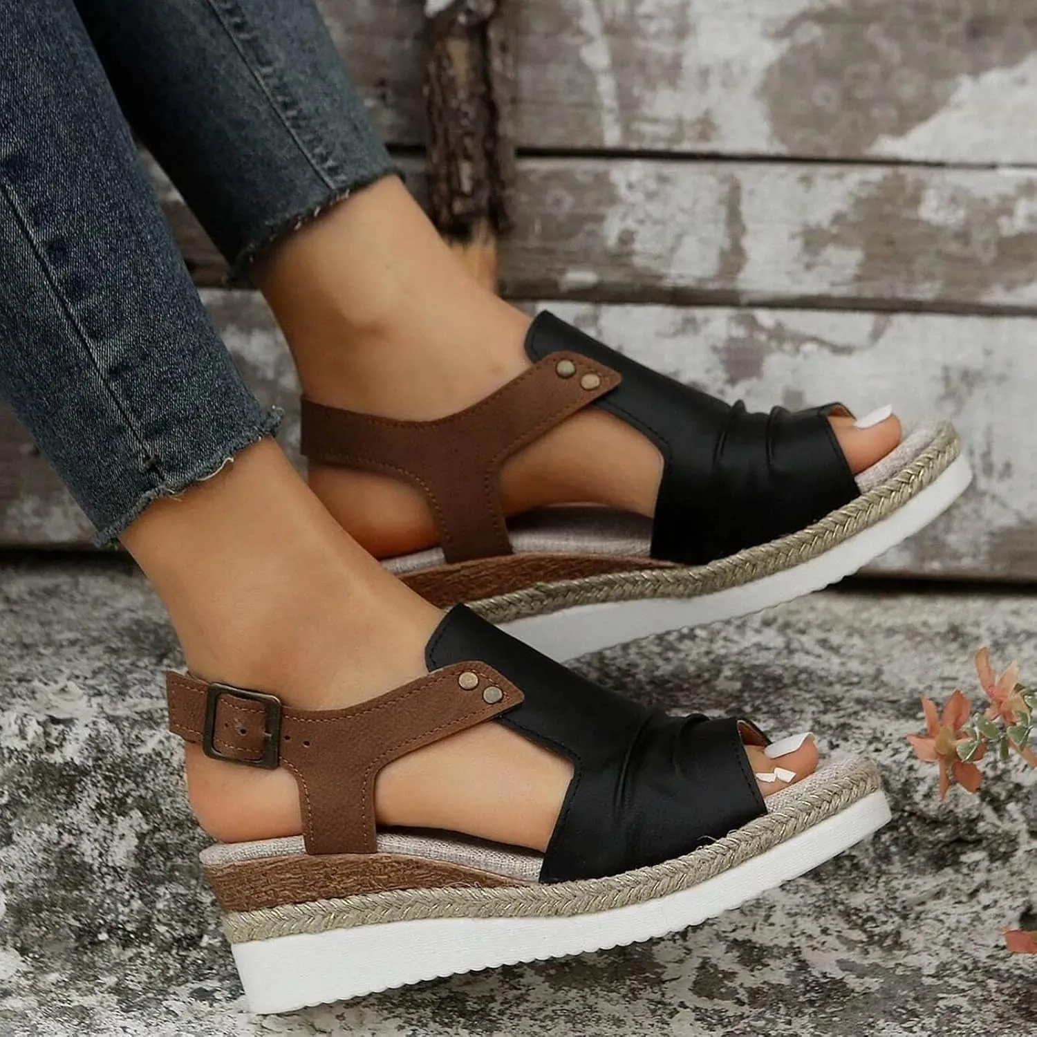 Cathalem Orthopedic Platform Wedge Sandals for Women Summer Dressy Flat Open Toe Slip on Sandals Outdoor Shoes