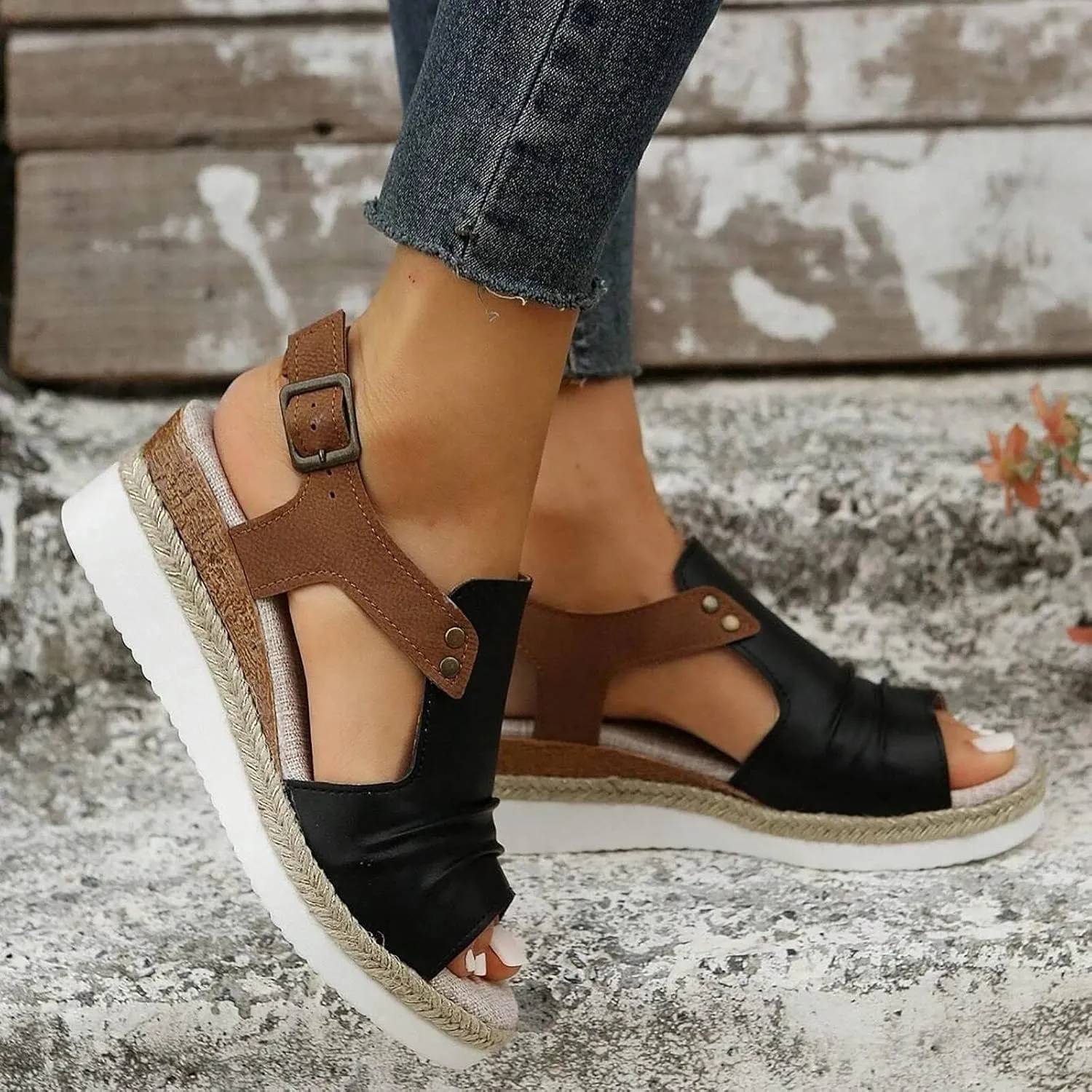 Cathalem Orthopedic Platform Wedge Sandals for Women Summer Dressy Flat Open Toe Slip on Sandals Outdoor Shoes